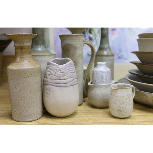 372 - A collection of studio pottery tall stemmed vases and dishes and bowls, The majority by Susan Thread... 