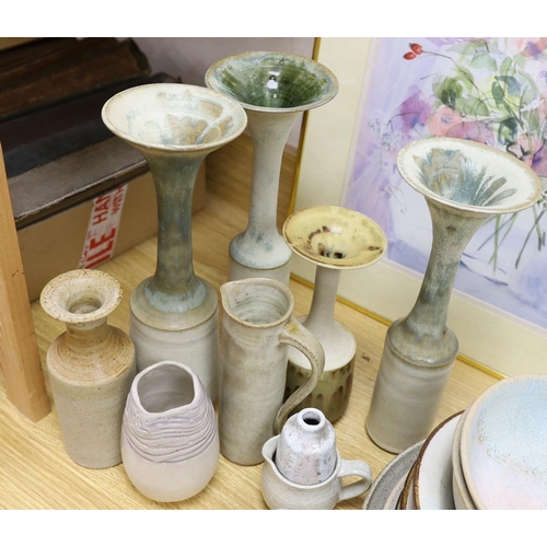 372 - A collection of studio pottery tall stemmed vases and dishes and bowls, The majority by Susan Thread... 