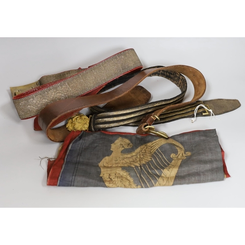 377 - A Royal Naval gilt brass mounted officers belt, an Edwardian Dieu et mon droit belt, a Victorian pri... 