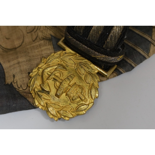 377 - A Royal Naval gilt brass mounted officers belt, an Edwardian Dieu et mon droit belt, a Victorian pri... 