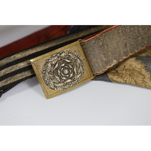 377 - A Royal Naval gilt brass mounted officers belt, an Edwardian Dieu et mon droit belt, a Victorian pri... 