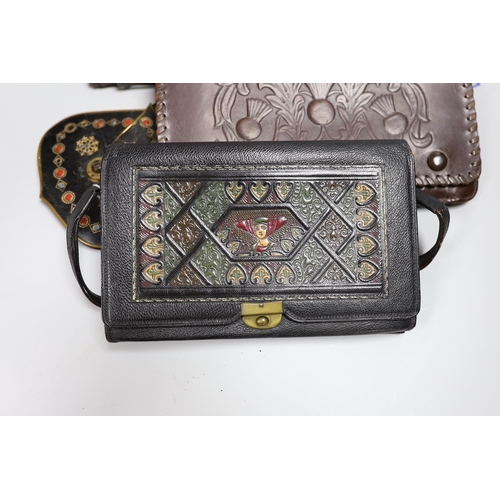 378 - A small collection of unusual stained leather and a patchwork fabric and snake skin clutch bag (6)... 