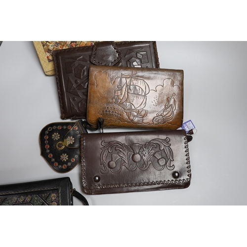 378 - A small collection of unusual stained leather and a patchwork fabric and snake skin clutch bag (6)... 