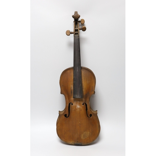 381 - An 18th century German violin labelled Martin Leibmuller Mittenwalde, length of back 14ins, with a C... 