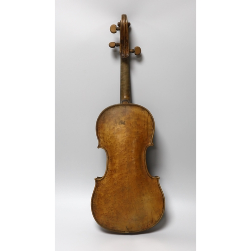 381 - An 18th century German violin labelled Martin Leibmuller Mittenwalde, length of back 14ins, with a C... 