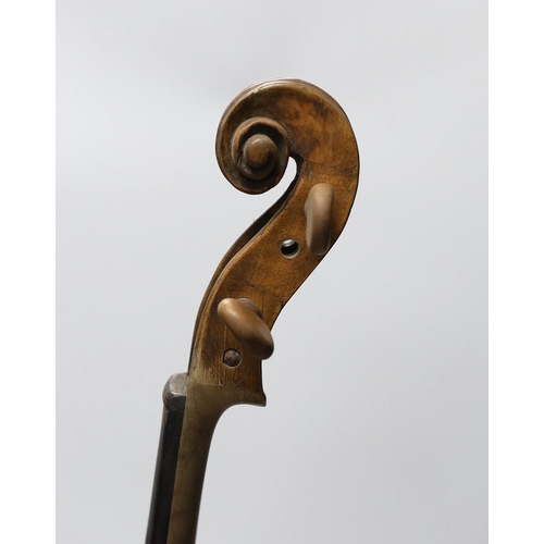 381 - An 18th century German violin labelled Martin Leibmuller Mittenwalde, length of back 14ins, with a C... 