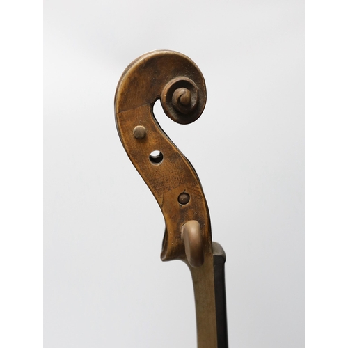 381 - An 18th century German violin labelled Martin Leibmuller Mittenwalde, length of back 14ins, with a C... 