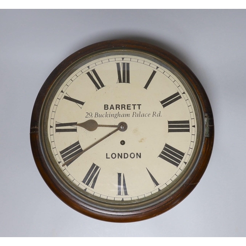 386 - A late Victorian dial clock with key and pendulum, 36cm diameter, Single fusee movement, box case la... 