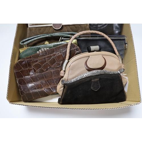 387 - A collection of nine 1930's and 1940's leather, suede and crocodile ladies handbags with unusual met... 