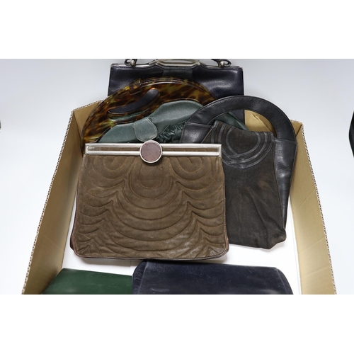 387 - A collection of nine 1930's and 1940's leather, suede and crocodile ladies handbags with unusual met... 