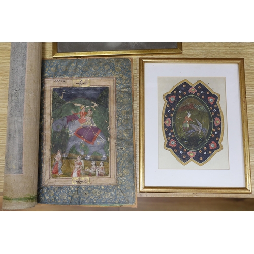 392 - An Indian painted silk panel, two framed Persian paintings and another unframed painting.