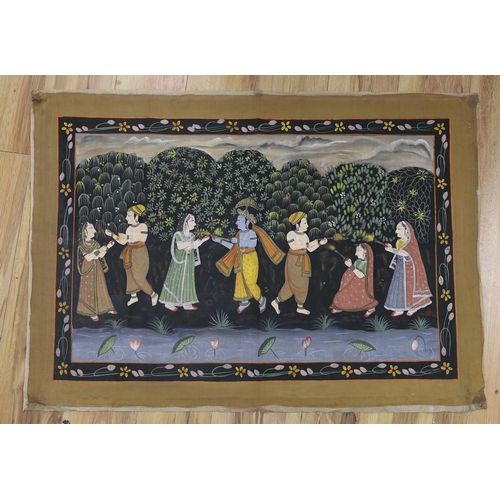 392 - An Indian painted silk panel, two framed Persian paintings and another unframed painting.