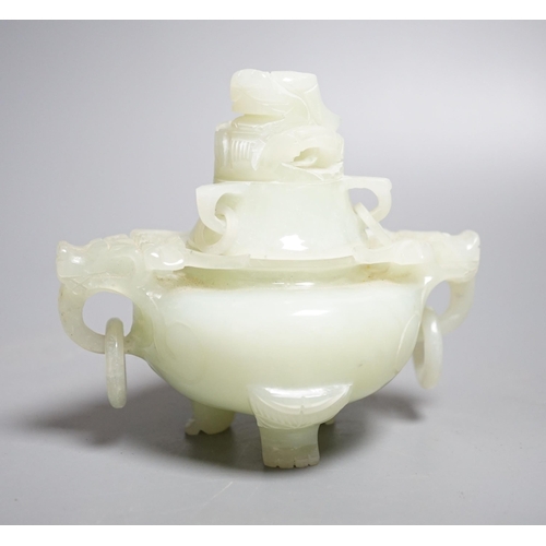 411 - A Chinese bowenite jade censer and cover, overall height 12cm