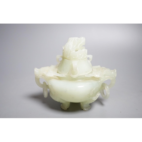 411 - A Chinese bowenite jade censer and cover, overall height 12cm