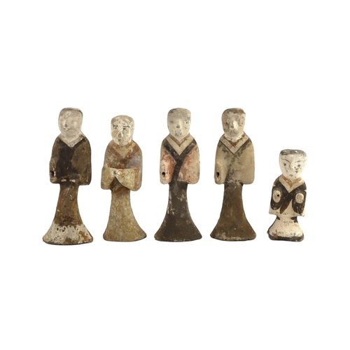 414 - A set of five Chinese pigment painted pottery standing figures of musicians, Han dynasty or later, P... 