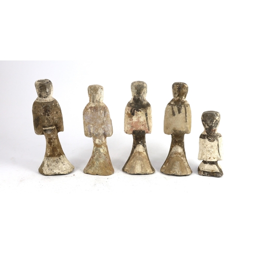 414 - A set of five Chinese pigment painted pottery standing figures of musicians, Han dynasty or later, P... 