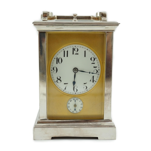 416 - An early 20th century silver plated sonnerie carriage clock, with plain case, alarum and quarter rep... 