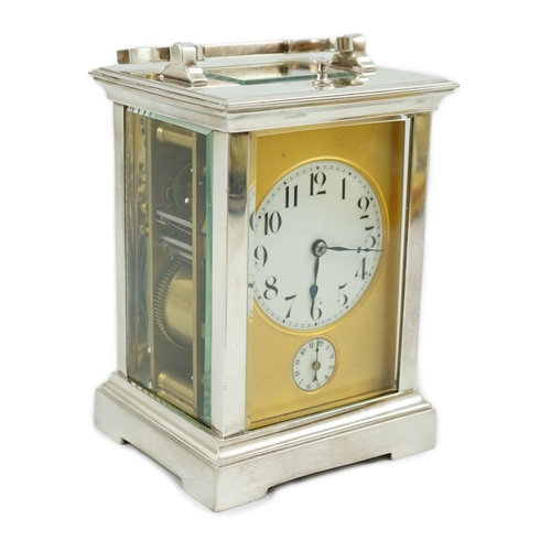 416 - An early 20th century silver plated sonnerie carriage clock, with plain case, alarum and quarter rep... 