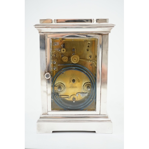 416 - An early 20th century silver plated sonnerie carriage clock, with plain case, alarum and quarter rep... 