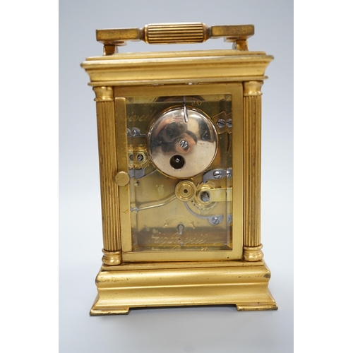 420 - A 19th century French brass eight day carriage clock with alarm,. 12cm tall