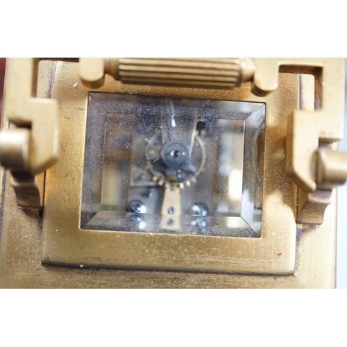 420 - A 19th century French brass eight day carriage clock with alarm,. 12cm tall