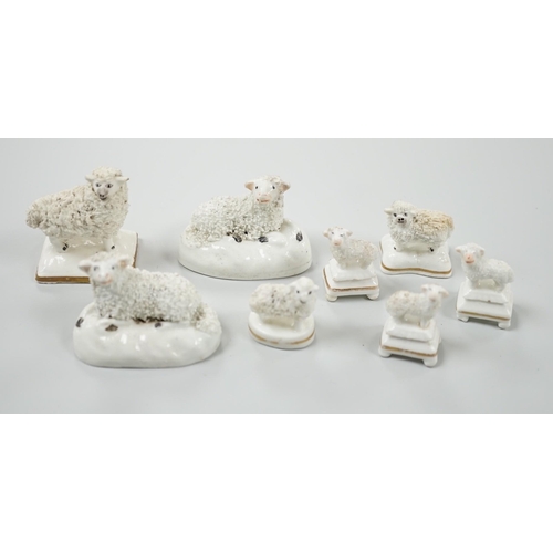 425 - Three small Staffordshire models of sheep, together with five toy Staffordshire models of sheep, c.1... 