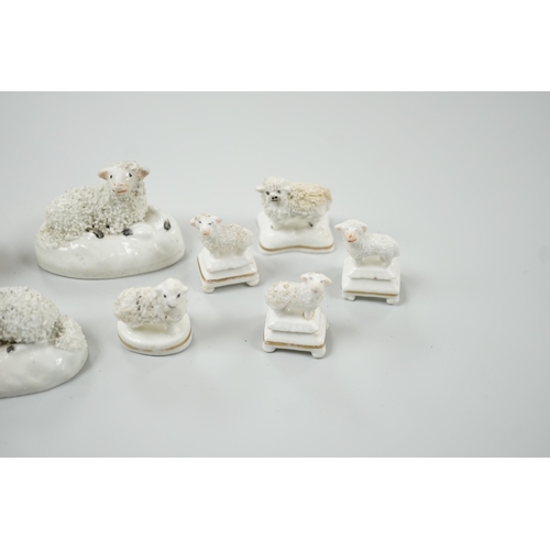 425 - Three small Staffordshire models of sheep, together with five toy Staffordshire models of sheep, c.1... 