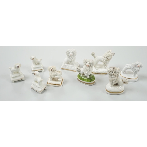 429 - Four small Staffordshire porcelain models of poodles, together with five toy Staffordshire models of... 