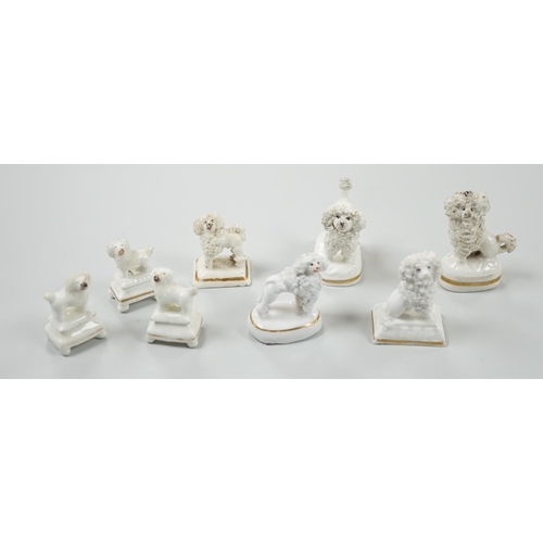 429 - Four small Staffordshire porcelain models of poodles, together with five toy Staffordshire models of... 