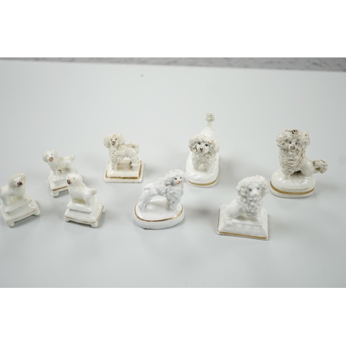 429 - Four small Staffordshire porcelain models of poodles, together with five toy Staffordshire models of... 