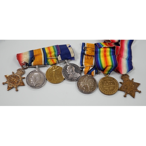 443 - A WWI naval medal group of four with portrait photo with records and one other WWI trio