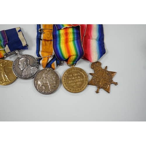 443 - A WWI naval medal group of four with portrait photo with records and one other WWI trio