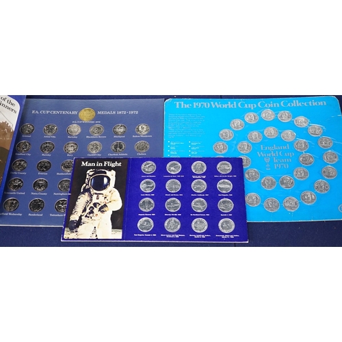 448 - Shell and Esso collector's medals and coins for 1970 World cup, man in flight and FA cup centenary 1... 