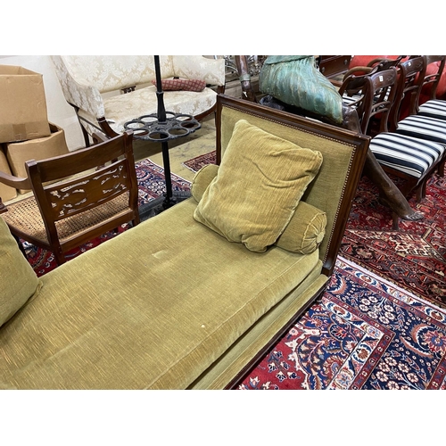 45 - An early 20th century French upholstered mahogany day bed, length 184cm, depth 76cm, height 90cm... 