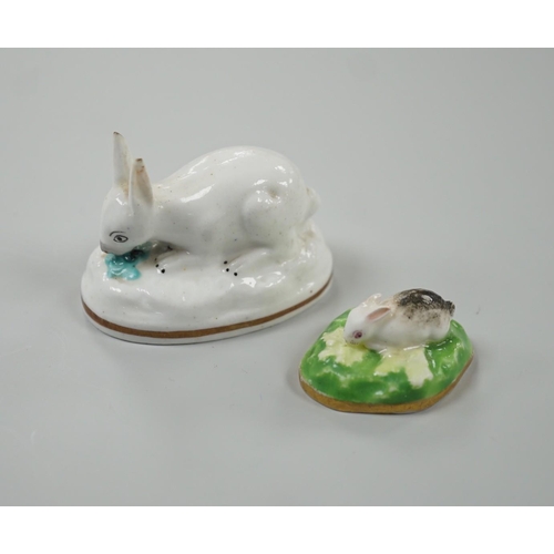 451 - Two toy Staffordshire models of a recumbent rabbit and a bunny, both on oval bases, c.1830-50, (2). ... 