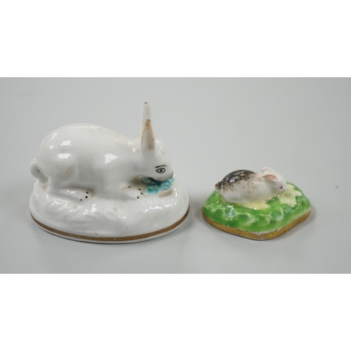 451 - Two toy Staffordshire models of a recumbent rabbit and a bunny, both on oval bases, c.1830-50, (2). ... 