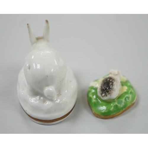 451 - Two toy Staffordshire models of a recumbent rabbit and a bunny, both on oval bases, c.1830-50, (2). ... 