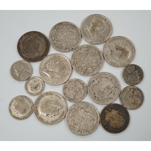 452 - A selection of silver and cupro nickel coins, dating from Victoria to George V