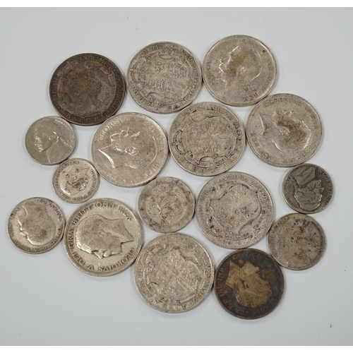 452 - A selection of silver and cupro nickel coins, dating from Victoria to George V