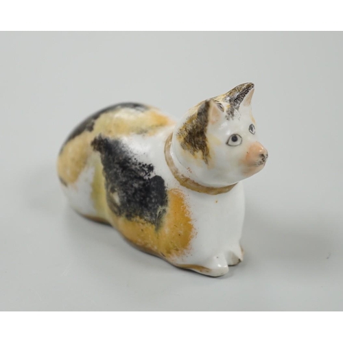 457 - A rare small Staffordshire porcelain figure of a recumbent cat, c.1830-50. 6cm longCf. Dennis G.Rice... 