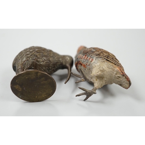 458 - A cold painted bronze model of a ptarmigan and a bronze model of a kiwi. Tallest 5.5cm