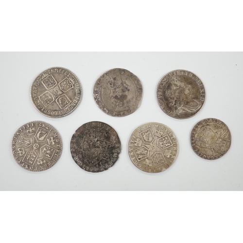 470 - Four 18th century shillings, a sixpence an Elizabeth I coin and a token