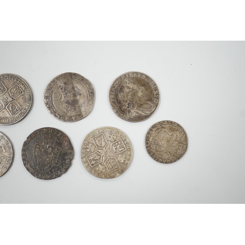 470 - Four 18th century shillings, a sixpence an Elizabeth I coin and a token