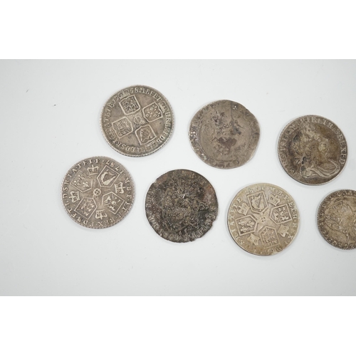 470 - Four 18th century shillings, a sixpence an Elizabeth I coin and a token