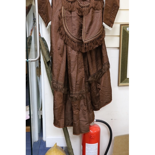 490 - A Victorian brown silk ladies suit skirt and jacket and fronter to the skirt