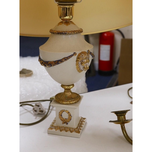 497 - Three neoclassical ceramic table lamps and an electrolier. Tallest 58cm with shade