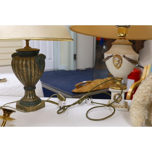 497 - Three neoclassical ceramic table lamps and an electrolier. Tallest 58cm with shade