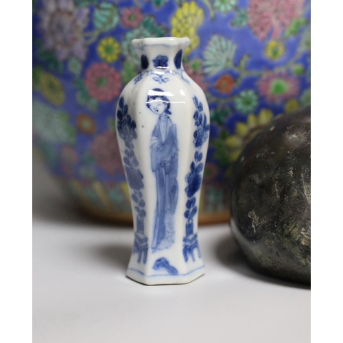 498 - A Chinese Kangxi blue and white miniature vase, 9cm tall, a 19th century Chinese wood writing box, a... 