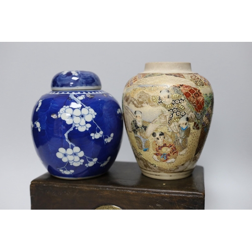 498 - A Chinese Kangxi blue and white miniature vase, 9cm tall, a 19th century Chinese wood writing box, a... 