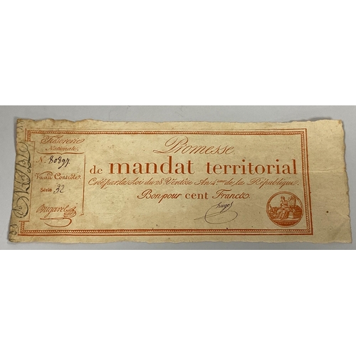 511 - French Revolutionary banknotes, three Mandat Territorial Cent Francs No. 80896-80898, Series 32, 'Pr... 